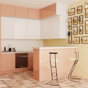 Персиковая кухня в стиле минимализм с барной стойкой