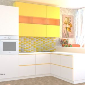 Двухцветная красивая угловая кухня с белыми нижними шкафами с барной стойкой