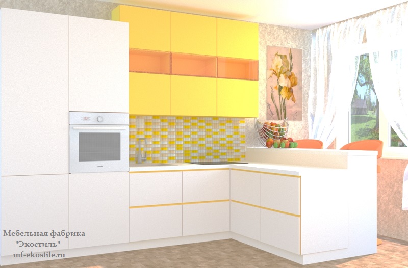 Двухцветная красивая угловая кухня с белыми нижними шкафами с барной стойкой