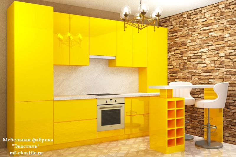 Желтая маленькая прямая кухня с барной стойкой