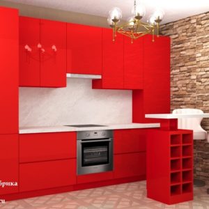 Красная маленькая прямая кухня с барной стойкой