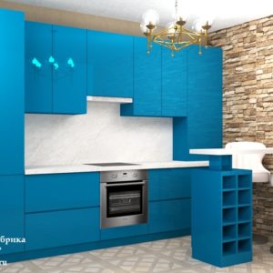 Синяя маленькая прямая кухня с барной стойкой