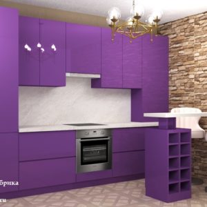 Фиолетовая маленькая прямая кухня с барной стойкой