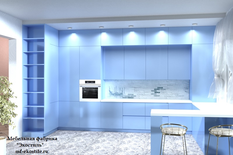 Голубая красивая кухня под потолок с барной стойкой