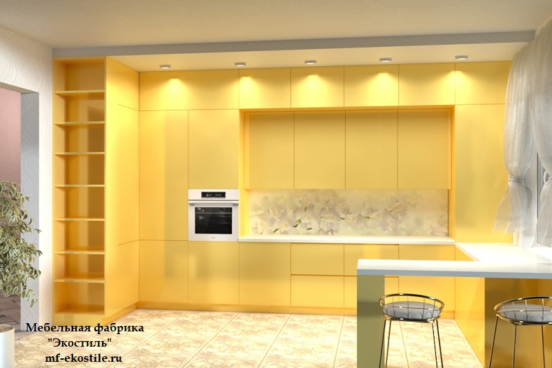 Желтая красивая кухня под потолок с барной стойкой