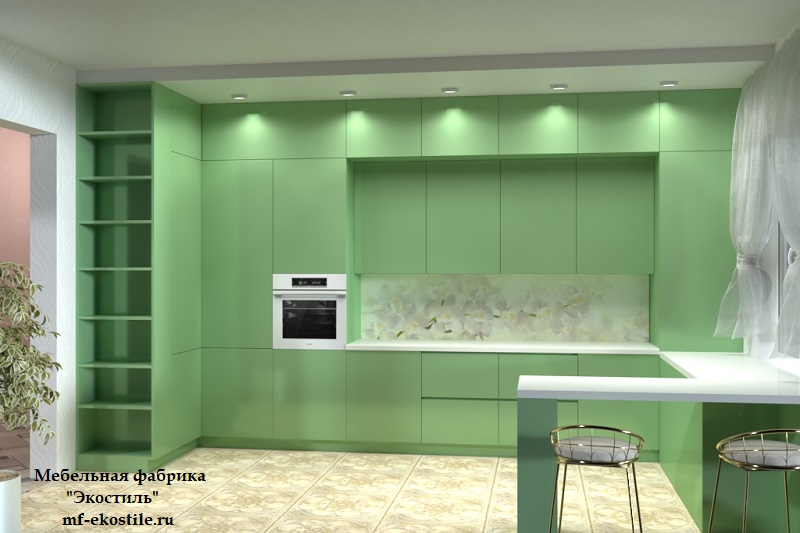 Зеленая красивая кухня под потолок с барной стойкой