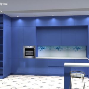 Синяя красивая кухня под потолок с барной стойкой
