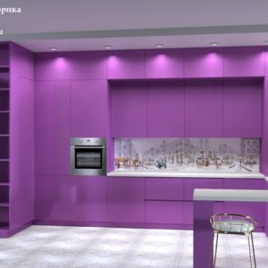 Фиолетовая красивая кухня под потолок с барной стойкой